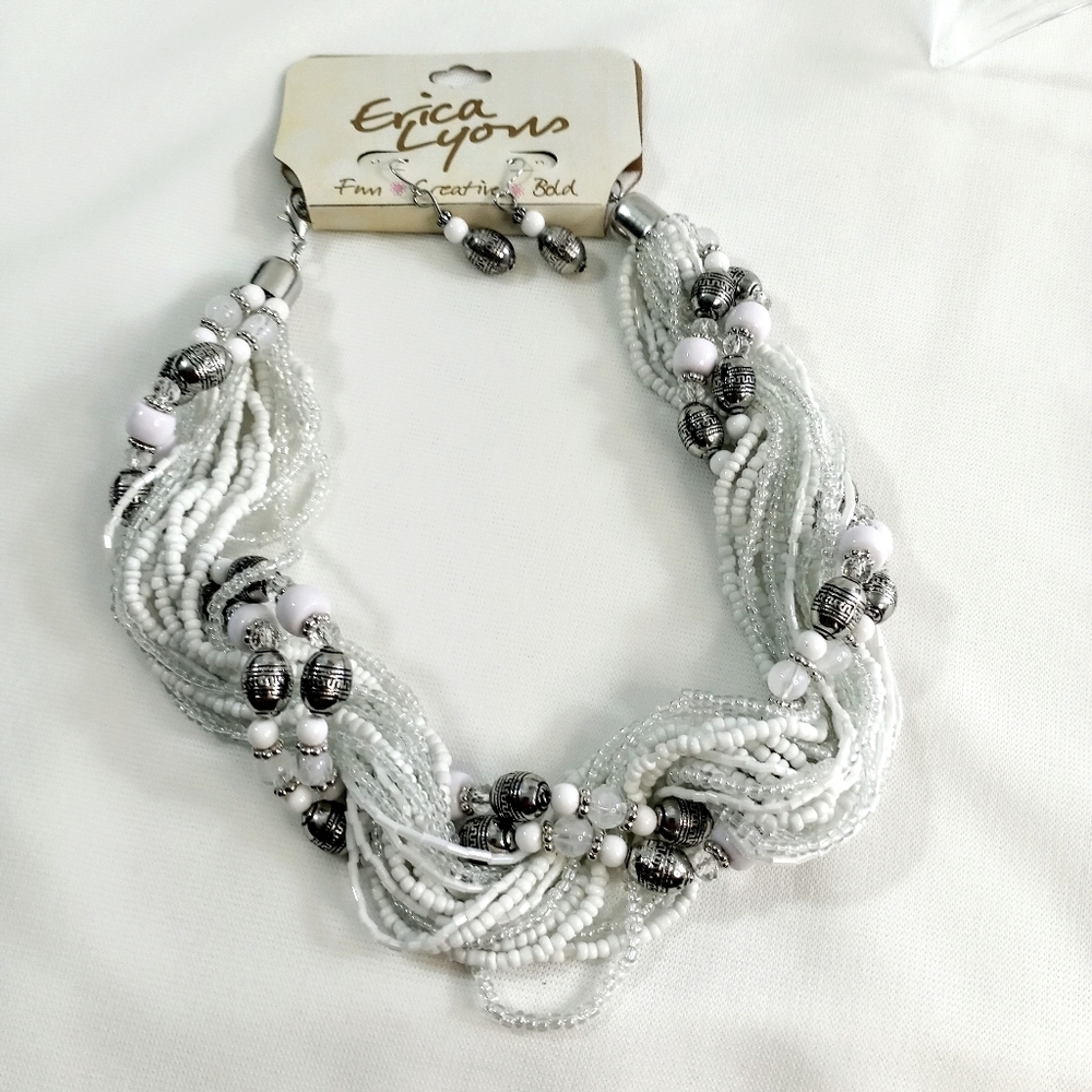 Erica Lyons Twisted Statement Necklace Earring Set White Silver 19" Multi-Strand